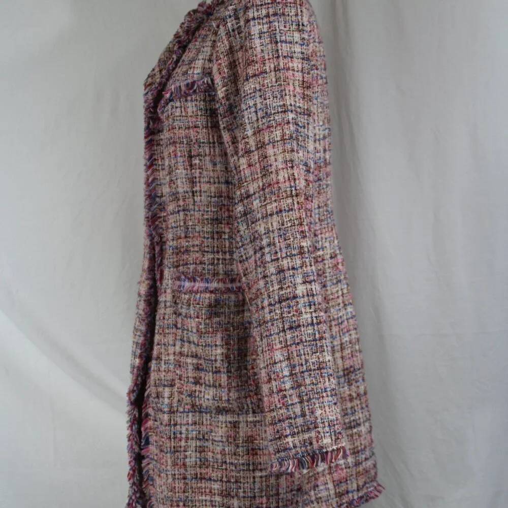 Laundry By Shelli Segal Fringe Pink Tweed Walker Coat Outerwear L Open Blazer - Picture 5 of 9